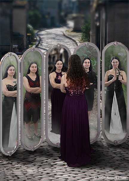 A person regards themself in a mirror, flanked by four other mirrors, each with a different image of them.. The background is a path through a cemetery.