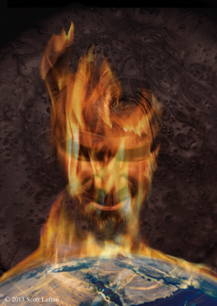 A flaming, bearded face smirks over a burning Earth.