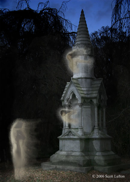 Three ghosts are by a large monument in a  darkened cemetery.