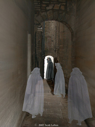 Three hooded ghostly figures and a woman stand in an alley.