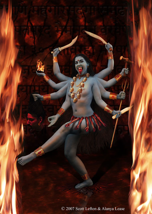 The goddess Kali dances  between pillars of flame and a Sanskrit-carved  stone wall.  Her eight arms hold various weapons and the severed head of her demon foe.  She is adorned with a necklace of skulls and a girdle of arms.