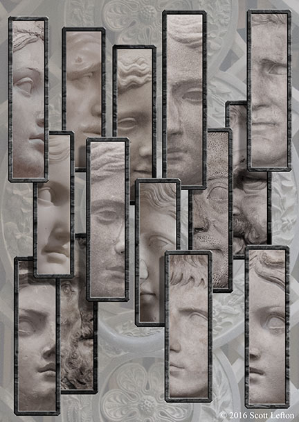 Glimpses of classically sculpted faces are visible over a pale ornate background.