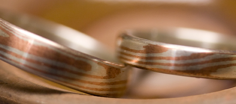 Pair of copper & silver Mokume-gane wedding rings