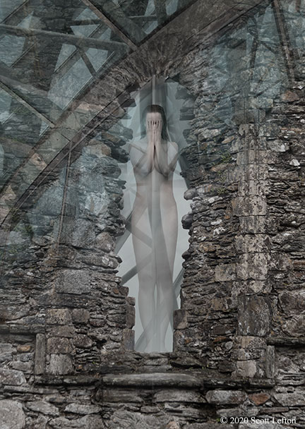 A tall, thin, ghostly woman stands in an archway in an old stone wall, her face buried in her hands. A steel and blue glass structure surrounds portions of her and the wall, partially as ghostly as she is. 