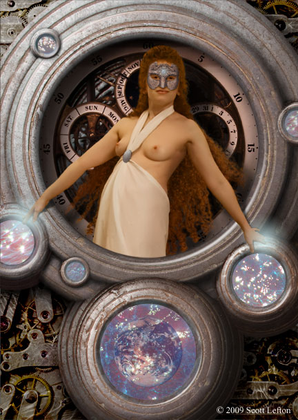 A masked woman stands inside a giant clockwork mechanism.