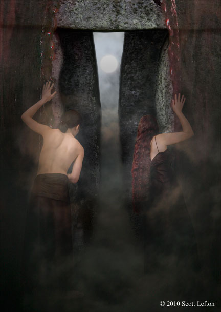 A man and woman peer through a curtain of blood into a stone gate, through which the full moon is visible.