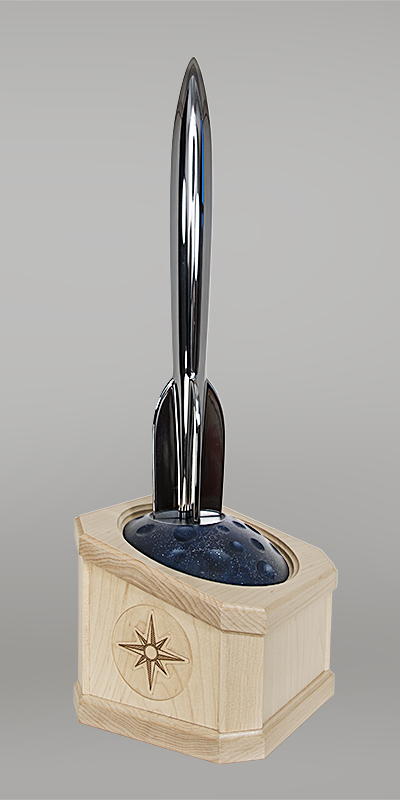mage of the 2026 Hugo Trophy - A silver rocket on top of a blue-black moon, with the moon embedded in a squarish maple wooden base